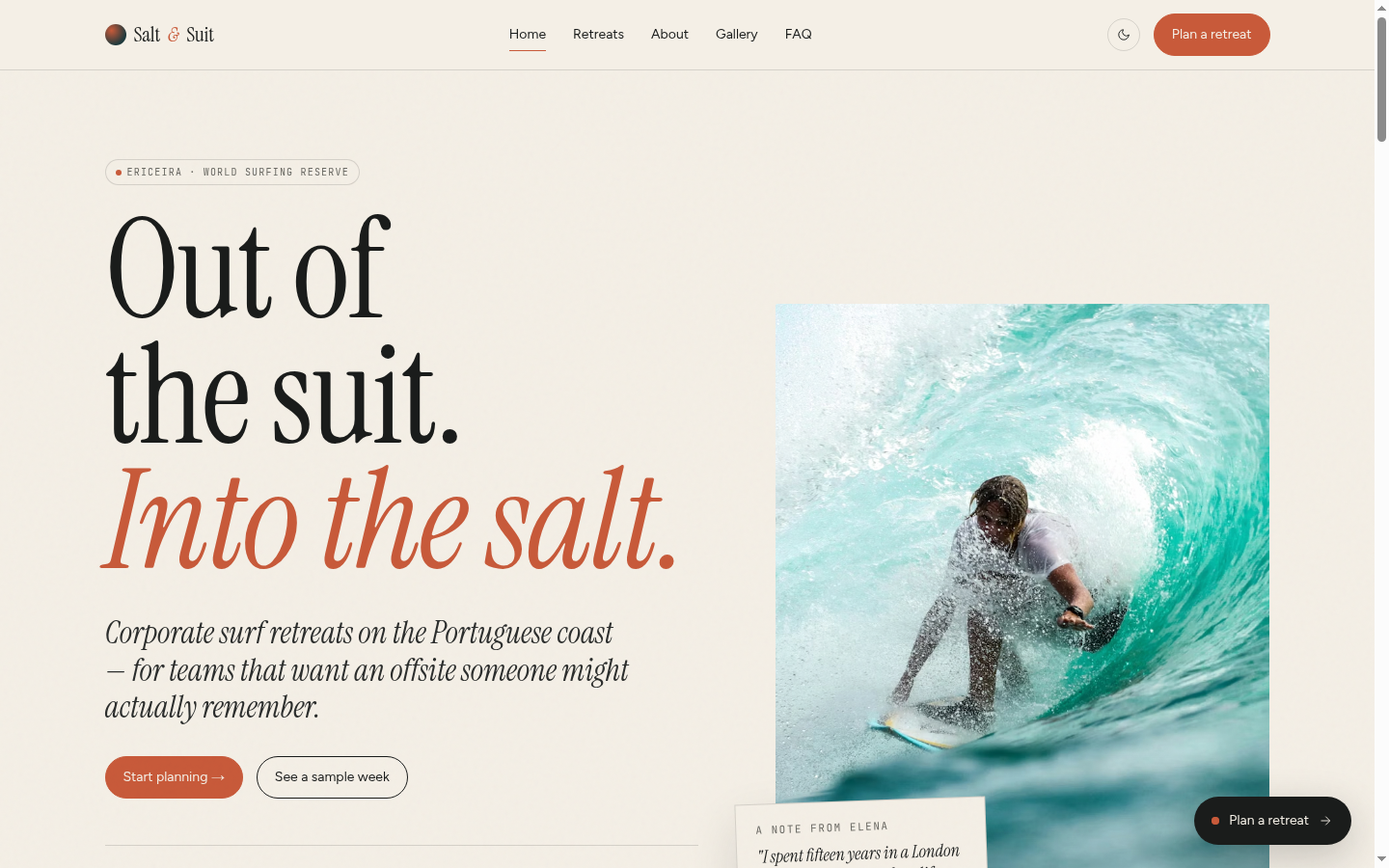 Salt & Suit homepage generated by Claude Design — editorial surf site with Instrument Serif headlines and a bone/ink/terracotta palette