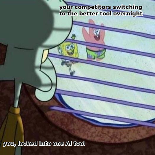 Squidward looking sadly out the window meme: Squidward labeled "you, locked into one AI tool" watches SpongeBob and Patrick having fun outside, labeled "your competitors switching to the better tool overnight"